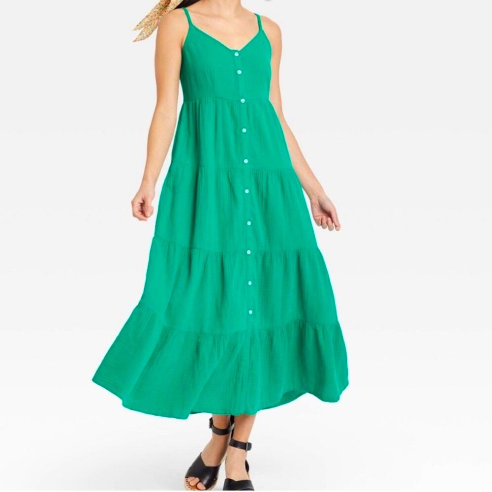 Universal Thread Green Gauze Sleeveless Button Tiered Dress Sundress Medium Maxi